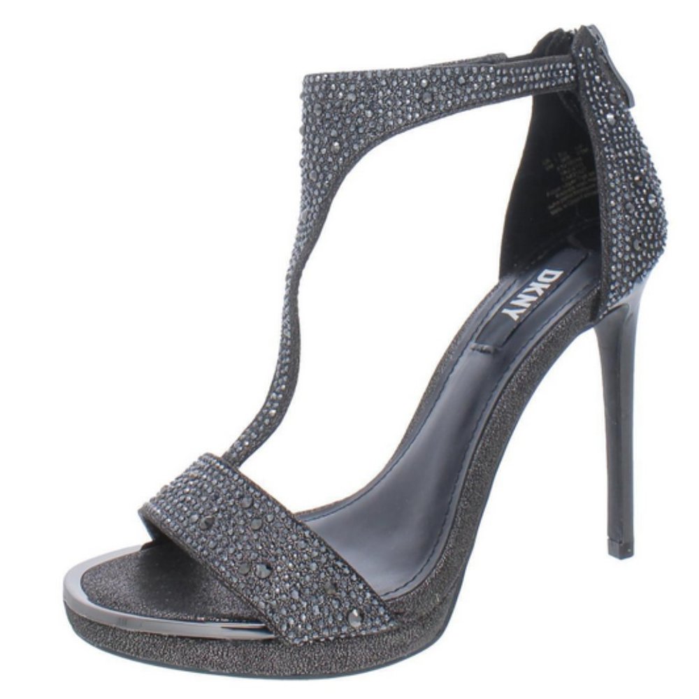 DKNY Dris T-Strap Stilletos Rhinestone Gunmetal  Pumps